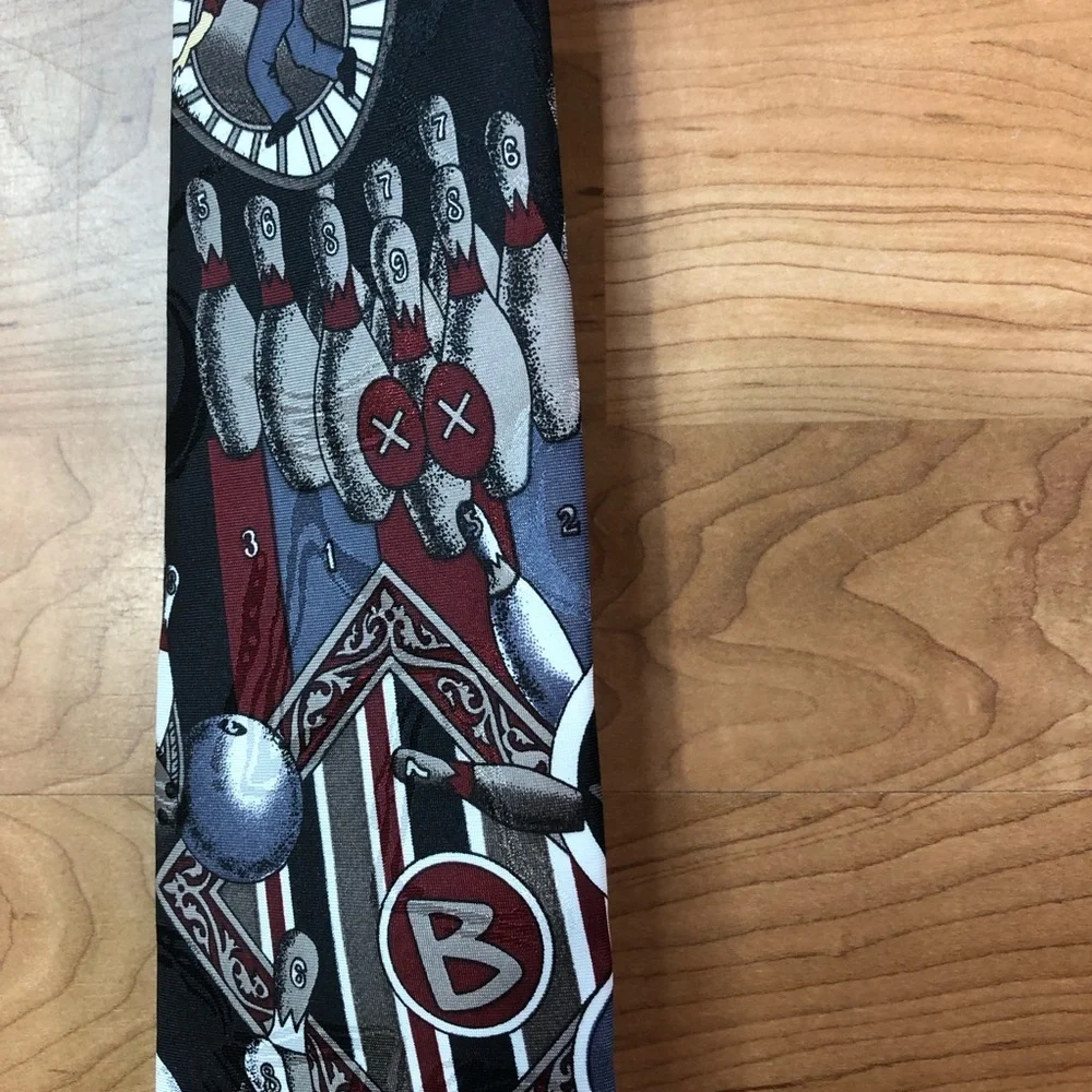 Vintage Corner Stone Bowling Tie with 9 Bowling Pins with Deep Dark Red